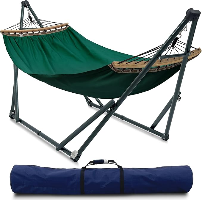 Tranquillo Sturdy Steel Hammock Stand with Premium Cotton Canvas, 600 lbs Capacity Folding, Portable Hammock Stand 30-Second Fold Unfold Spacious Design, (Canvas - Emerald Green) by Tranquillo