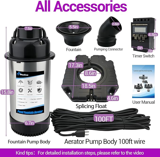 Pond Fountain Aerator, 1HP 750W Floating Fountain Aerator System for Outdoor Small Large Pond Lake, 110V 15000 GPH Fully Automatic Stainless Steel Fountain Pump with 100 Feet Power Cord