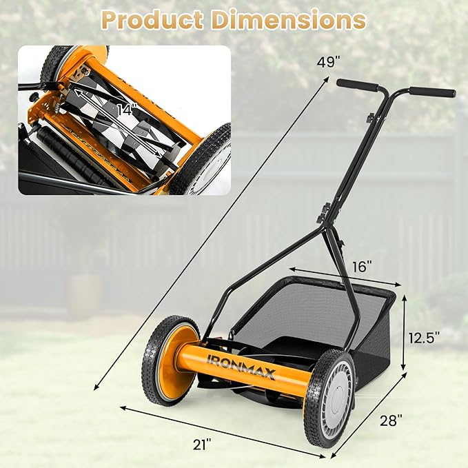 IRONMAX Lawn Mower, 14 Inch Push Reel Lawn Mower with 5 Steel Blades, Adjustable Cutting Heights, Grass Catcher Bag, Walk-Behind Manual Lawnmower for Garden Park Yard, No Motor (Orange, 14 Inch) - Image 3