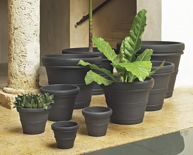 Crescent Garden Brunello Small Classic Rolled Rim Planter, Indoor/Outdoor Plastic Round Pot - Traditional Planter for Herbs, Plants, Houseplant -14''W (Rust)