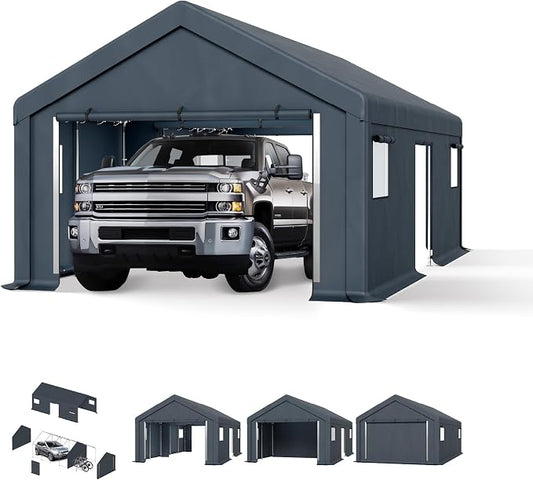 PHI VILLA 13X24ft Carport, Portable Carports Outdoor Storage Shelter Shed Garage Canopy with Roll up Zipper Doors & Vents Waterproof UV Resistant Garages Tent for Cars,Boats,Tools, Motorcycle, Gray by PHIVILLA