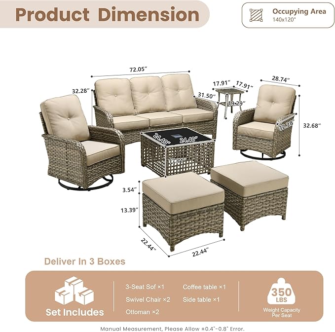 HOOOWOOO Outdoor Patio Furniture Set with Light Table,7 Pieces Wicker Conversation Set,All Weather High Back Couch Sofa Swivel Chairs Ottomans Set,Beige