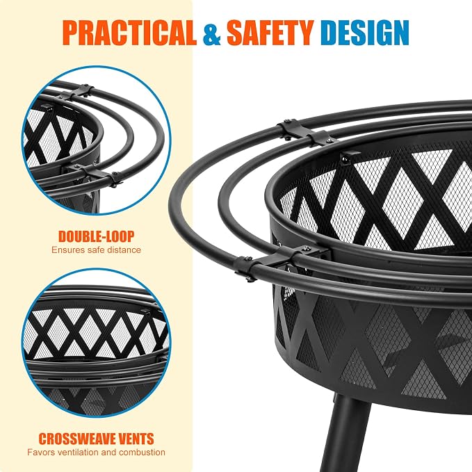 EcoNook 36 Inch Wood Burning Fire Pit with 2 Loops, Outdoor Fire Pit with Spark Screen & Fire Poker, Cross Weave Firepit for Outside Fireplace Bonfire for Yard,Patio, Garden - Image 4