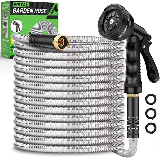 Garden Hose 50ft, Heavy Duty Stainless Steel Water Hose with 10 Functional Nozzles, No Kink, Lightweight and Flexible, Easy to Use and Store, Strong and Sturdy, Suitable for Yard and Lawn by Kebose