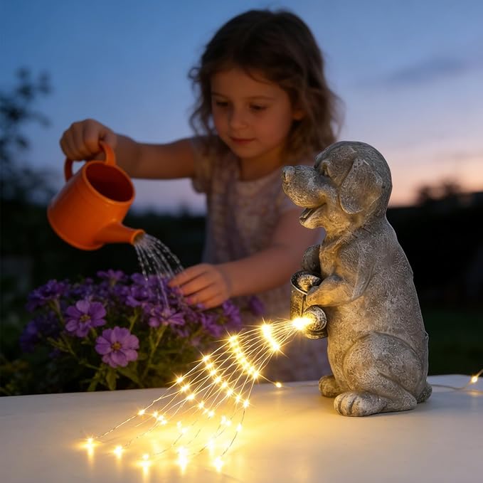 Lavezee Garden Dog Statue with String Lights, Puppy Garden Statue Outdoor for Patio Lawn Porch Walkway, Ideal Gifts for Dog Lovers Women Mom Grandma