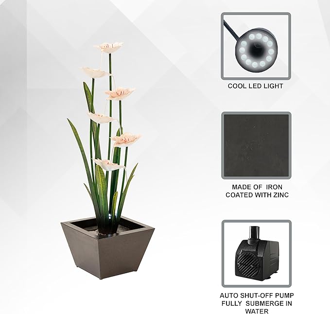XBrand 39-Inch Metal Multi-Tier Flower Water Fountain with LED Lights, Multicolor Sculptural Outdoor