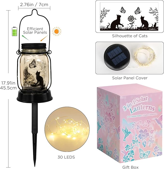 Cat Gifts Cat Lover Gifts for Women/Mom/Grandma/Sister, Mother Day Gift, Cats Butterfly Solar Lights Outdoor Hanging Cat Lanterns Fairy Lights, Kitty Lamps Decor for Yard Lawn Garden Patio
