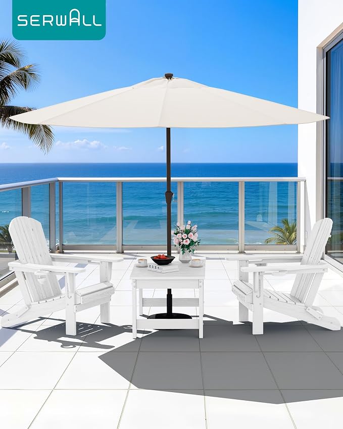 SERWALL Outdoor Coffee Table with 9FT Umbrella, HDPE Patio Coffee Table for Outside, Rectangle, White(Not Include Umbrella Base) - Image 9
