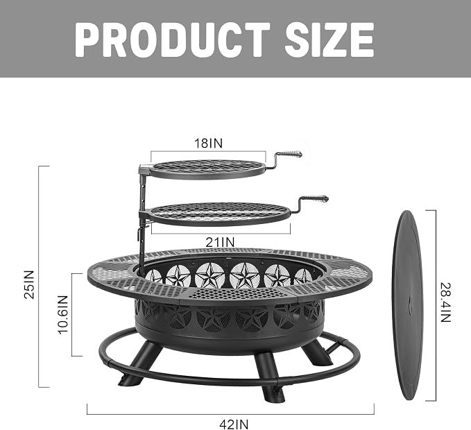 Verdeluxe 42 Inch BBQ Fire Pit with 2 Grills,3-in-1 Outdoor Round Metal Fire Pit Table with Lid,Fire Poker,Large Outdoor Wood Burning Firepits for Outside,Picnic,Bonfire Backyard Patio(Black) - Image 6