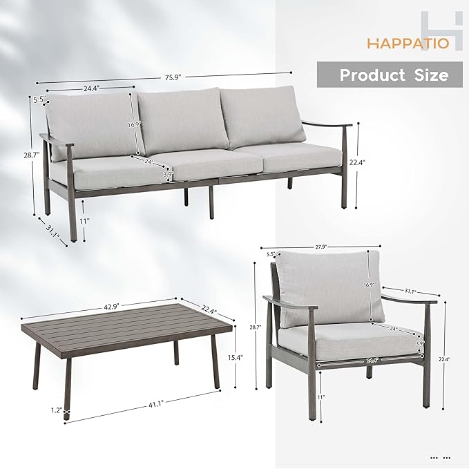 HAPPATIO Patio Outdoor Furniture Set - 4 Piece Aluminum Patio Conversation Set with 1 Coffee Table, 2 Armchairs and 1 Three-Seater Sofa, Aluminum Outdoor Furniture Set for Backyard Poolside (Grey)