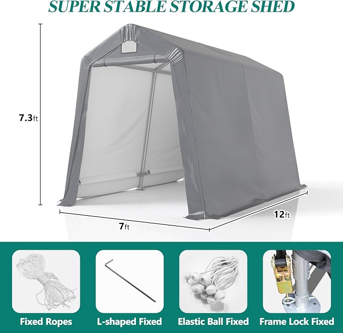 GARTOO 7' x 12' Outdoor Storage Shed- Heavy Duty Storage Shelter Tent with Roll-up Ventilated Door, Portable Garage Zipper Storage shed for Bike, ATV, Motorcycle Shelter, Gray - Image 2