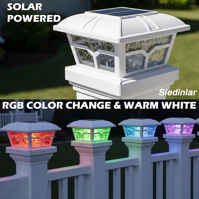 SIEDiNLAR Solar Post Cap Lights Outdoor 2 Color Modes LED for 4x4 5x5 6x6 Wooden Vinyl Posts Fence Patio Deck Decoration RGB Color Changing & Warm White Lighting White (6 Pack) - Image 2