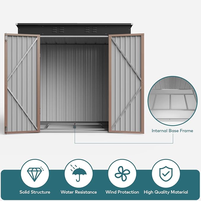 Gizoon 6' x 4' Outdoor Storage Shed with Double Lockable Doors, Anti-Corrosion Metal Garden Shed, Waterproof Shed Outdoor Storage Clearance for Backyard Patio Lawn-Brown - Image 7