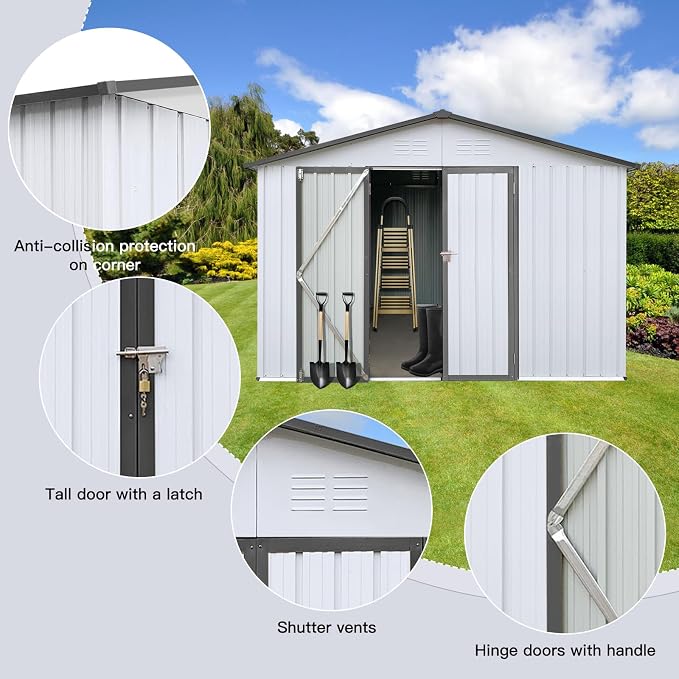 Ball & Cast 10x12 FT Sheds & Outdoor Storage,Metal Aluminum Garden Shed,with Punched Vents,Waterproof Cabinet w/Hinged Door and Padlock,Tool House for Storing Bicycles,Lawnmowers,Barbeques,White+Grey - Image 7