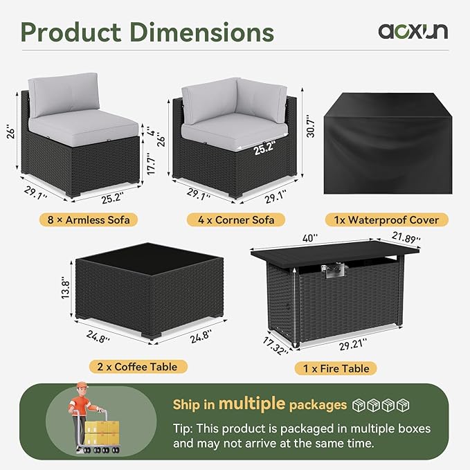 Aoxun 15 Piece Patio Furniture Set with 44” Fire Pit Table, Wicker Rattan Patio Sectional Sofa, Outdoor Furniture Set with Thickened Cushion, Light Gray