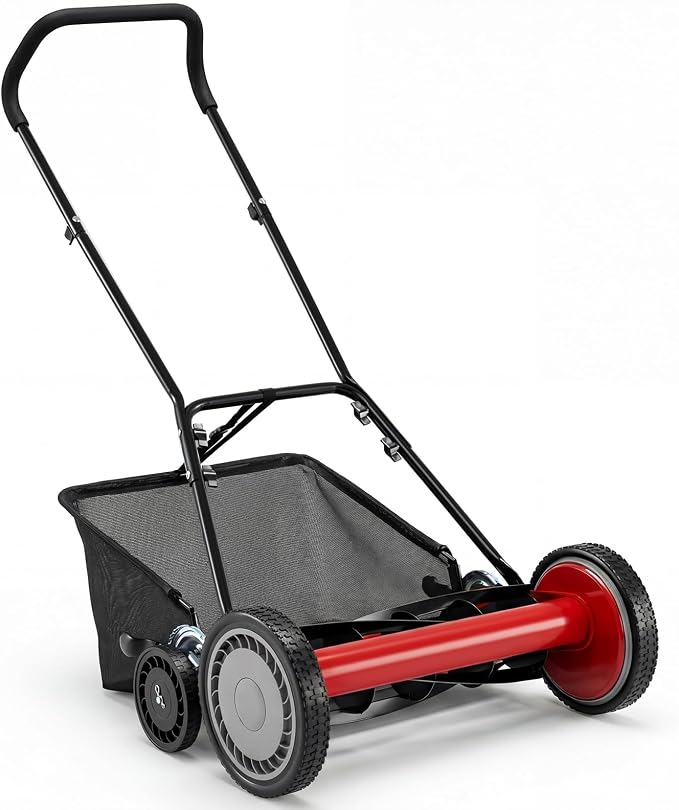 IRONMAX 18 Inch 5-Blade Push Reel Lawn Mower, 9-Level Adjustable Cutting Heights, Removable Grass Catcher, Lightweight No Motor Walk-Behind Manual Grass Cutter for Garden Yard Park (Red, 18 Inch) by IRONMAX