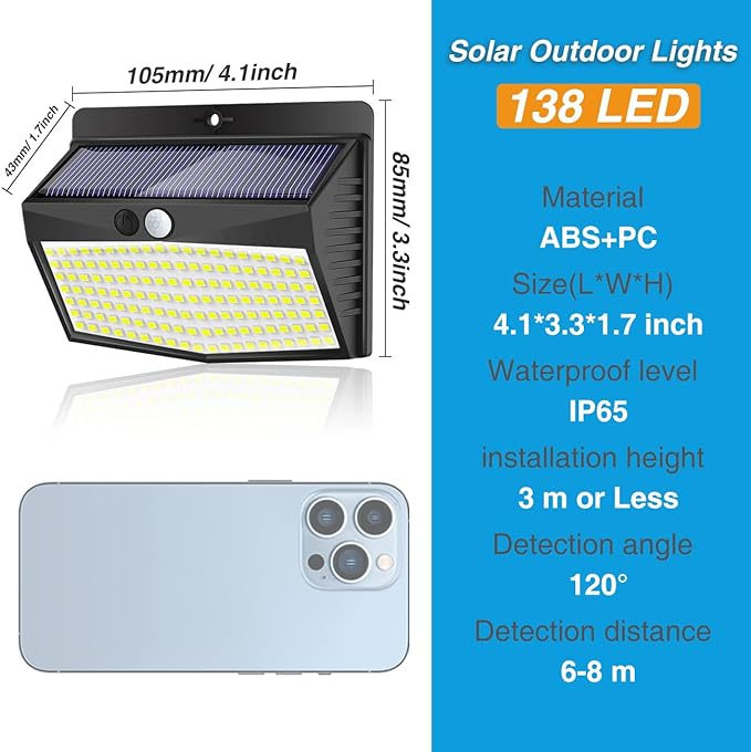 Peasur Solar Lights Outdoor, [138 LED/8 Packs] Solar Motion Sensor Security Light with 3 Lighting Modes Solar Wall Lights Waterproof Solar Powered Lights Outside for Garden Fence Yard Deck Garage