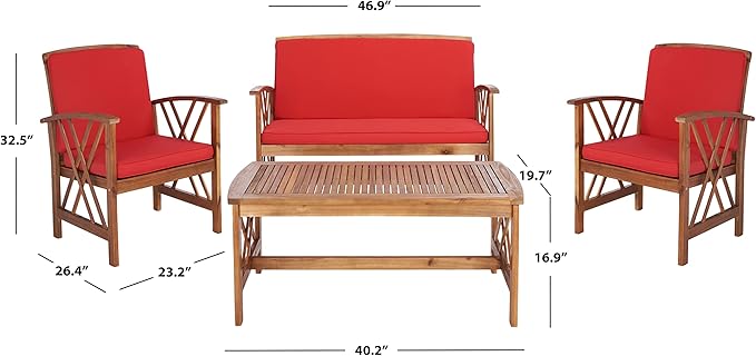 SAFAVIEH Outdoor Collection Fontana Natural/Red Cushion 4-Piece Conversation Patio Set