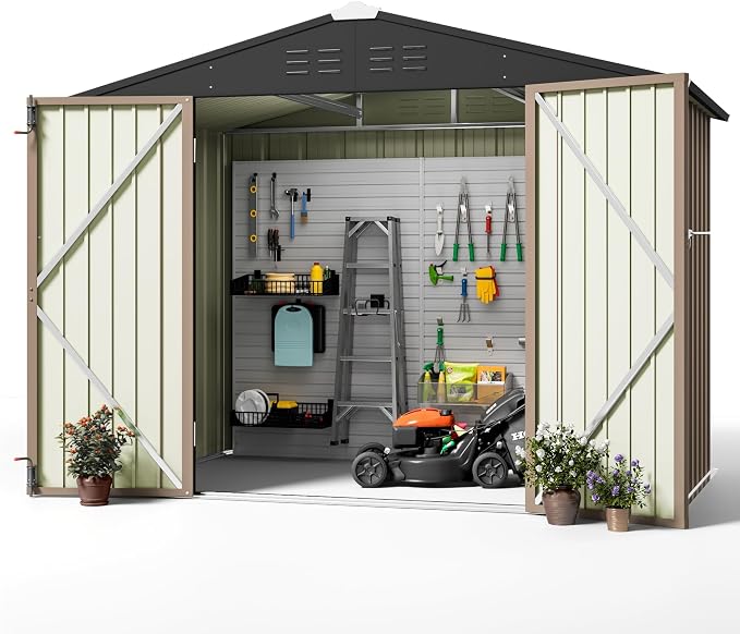 Greesum 8x6FT Outdoor Storage Shed, Utility Tool Shed with Sloping Roof, Metal Storaged Garden Shed with Door & Lock for Patio Storage, Brown - Image 6