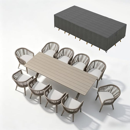 PURPLE LEAF Outdoor Dining Set with Waterproof Furniture Cover 11-Piece All-Weather Patio Set for 10 with Champagne Aluminum Table Rope Weave Chairs and Cushions, Champagne by PURPLELEAF