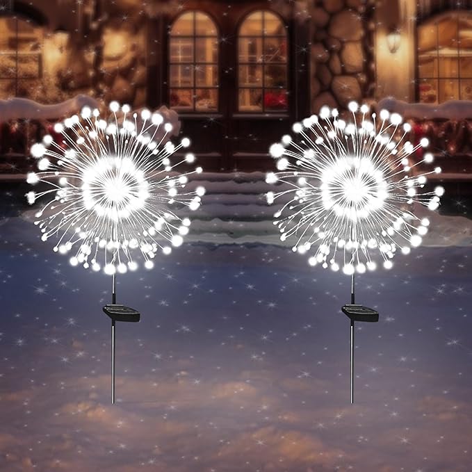 Solar Garden Lights Solar Firework Light Outdoor Waterproof 2 Pack Solar Powered Art Stake Twinkle Lights Outside Decor 180 LED Sparklers String Light for Yard Pathway Decorations (White)