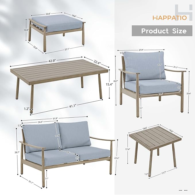 HAPPATIO Patio Outdoor Furniture Set - 7 Pieces Aluminum Outdoor Conversation Set Includes 1 Loveseat, 1 Coffee Table, 1 Side Table, 2 Armchairs, and 2 Ottomans for Porch, Lawn (Brown)