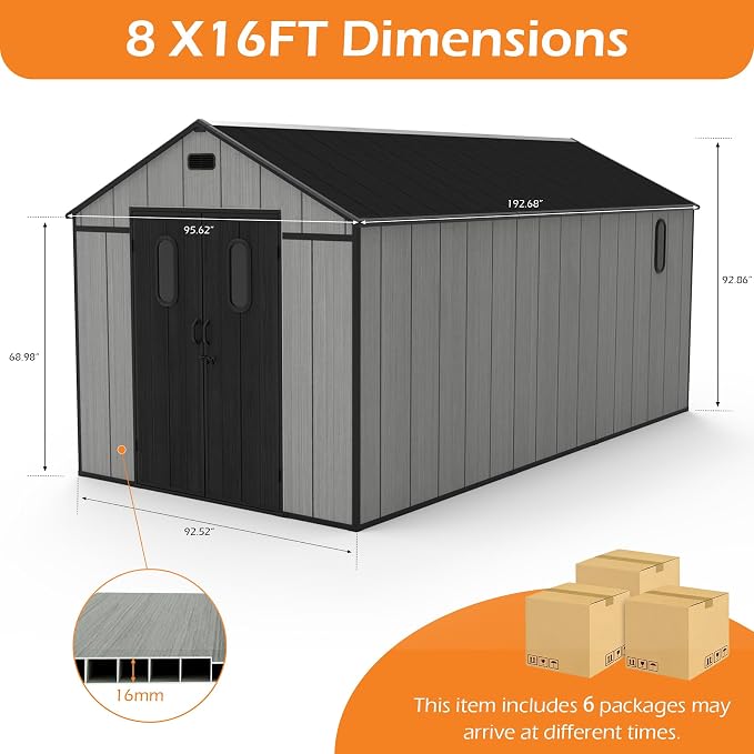 Domi 8x16Ft Resin Outdoor Storage Shed with Floor, Plastic Garden Storage Shed, Outside Weatherproof Storage Building for Tools, Bike, Lawn Mower, Patio, Backyard - Image 2