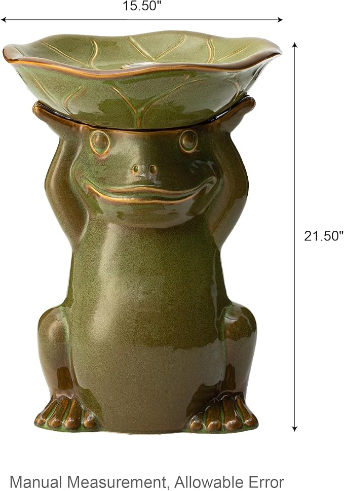 Glitzhome 21.5" H Olive Green Frog Hold a Lotus Birdbath Ceramic Outdoor Water Fountain with LED Lights and Pump, Lively Frog Statue Birdbath Fountain for Porch Deck Garden Patio Backyard