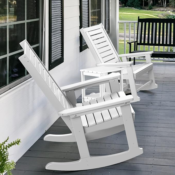 GREENVINES Outdoor Rocking Chair Set | 3-Piece | 2 Rocking Chairs with 1 Side Table | Porch Rocker | HDPE Plastic | White | Patio Furniture Sets | High Back | Big & Tall | Ladder Back - Image 6