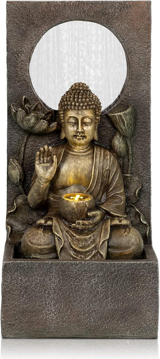 Ferrisland Buddha Waterfall Fountain Outdoor, Freestanding Relaxing Water Fountain, Asian Zen Fengshui Patio Garden Backyard Decking Home Decor, Gift Ideas (Gold, 27.6" H)