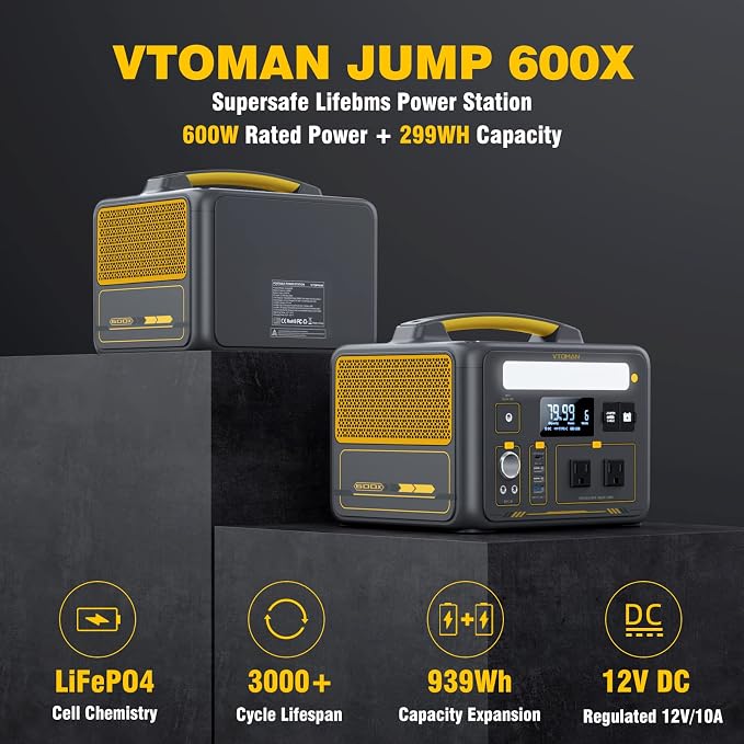 VTOMAN Jump600X 600W Portable Power Station with 640Wh Extra Battery, 939Wh Solar Generator LiFePO4 Battery, Peak 1200W AC Outlet, PD 60W USB-C, 3x12V/10A DC for Outdoor Camping, Off-grid, Home Backup - Image 6