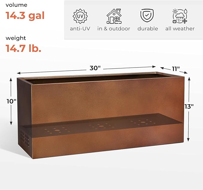 Worth Metal Planter Box with Insert Plate & Drain Holes, Indoor or Outdoor Use, No Assembly Required, 30" x 11" x 13", 14.3 Gallons, Matte Bronze