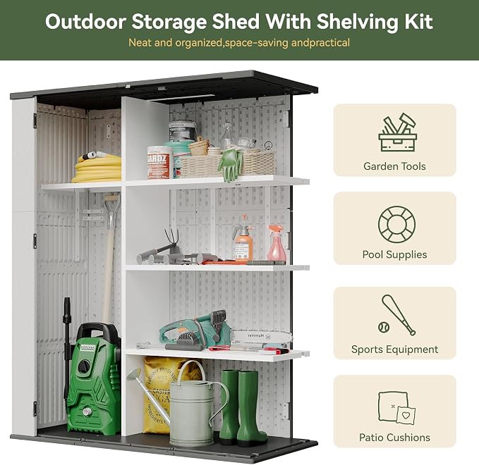 Aoxun 61 Cu.Ft Outdoor Storage Shed with Metal Shelving Kit, Widened Outdoor Storage Cabinet Waterproof Vertical Resin Shed with Floor for Garden Tools, Pool Equipment, Easy to Assemble (White) - Image 5