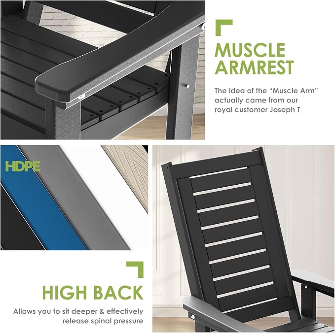 GREENVINES Outdoor Rocking Chairs | Set of 4 | Porch Rocker | HDPE Plastic | Black | Oversized Rockers | High Back | Big & Tall | Ladder Back | for Patio Outside Backyard Balcony Garden - Image 7