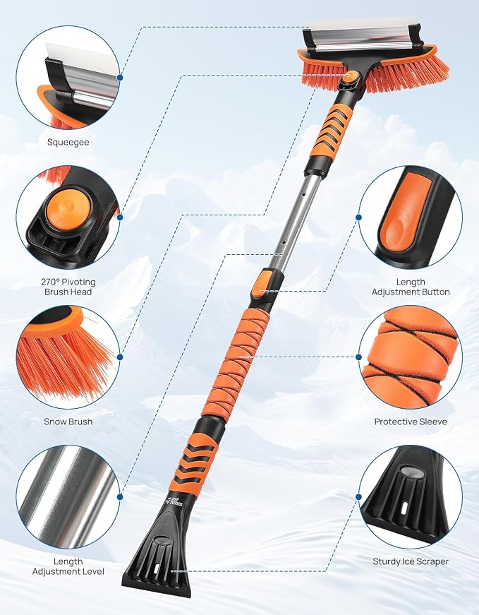 JOYTUTUS 41.5IN Extendable Snow Brush and Ice Scraper, 270°Pivoting Snow Scraper Brush for Car Windshield, Telescoping Ice Scraper, Foam Grip, Heavy Duty Snow Remover for Cars, Trucks, SUV (Orange) - Image 8
