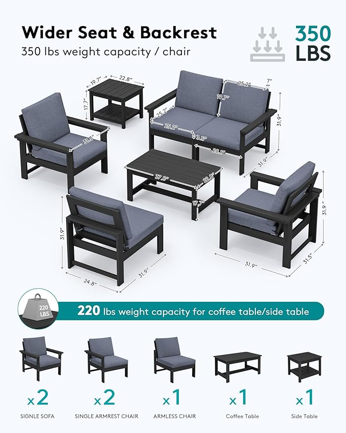SERWALL HDPE Patio Furniture Set with 15FT Patio Umbrella, 7-piece Outdoor Sectional Sofa Set, All Weather Patio Couch Set for Deck, Black & Grey(Umbreall Base not Included)