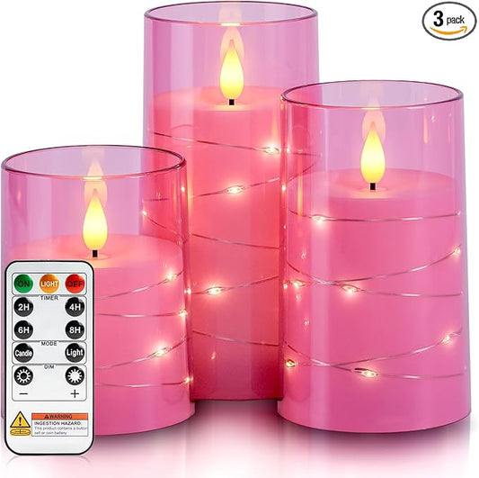 Homemory Flameless Candles with Embedded Star String Fairy Lights, Battery Operated Candles, LED Candle, Fake Candles with Remote Control and Timer, Pink, Set of 3(H 4" 5" 6?€?)