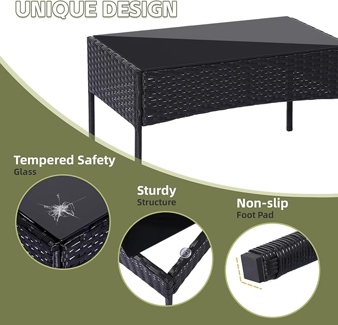 Patio Furniture Set 4 Pieces, Outdoor Rattan Furniture with Tempered Glass Coffee Table, Modern Rattan Patio Chairs Conversation Sets with Sofa for Garden, Terrace, Porch, Lawns