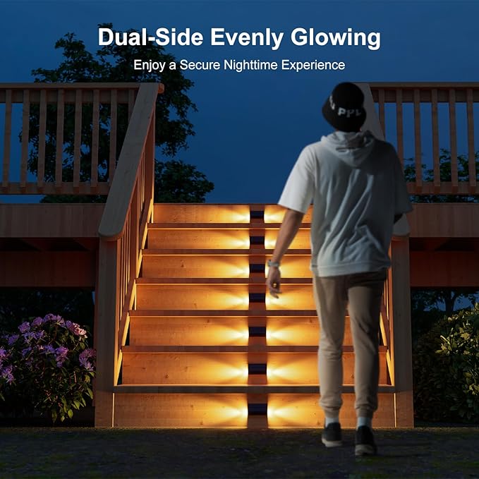 6 Pack Solar Powered Step Lights Outdoor Waterproof LED for Deck Stair Safety Outside Decorative Lamps for Porch Railing, Fence, Walkway, Yard, Patio, 2 Sided Warm White Lighting for Enhanced Security