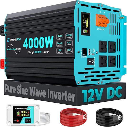 4000 Watt Inverter Pure Sine Wave 12V DC to 120V AC for RV, Truck, Solar, Home, Off-Grid, Power Inverter with 4 AC Outlet, 30W Type-C, 5V 3.1A USB, Hardwire Port, Remote Control, Surge 8000W by Unknown