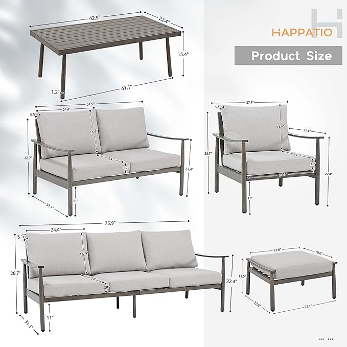 HAPPATIO Patio Outdoor Furniture Set - 7 Pieces Aluminum Outdoor Conversation Set Includes 1 Three-Seater Sofa, 1 Coffee Table, 1 Loveseat, 2 Armchairs and 2 Ottomans for Porch, Yard, Lawn (Grey)