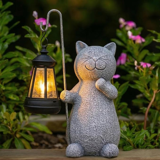 Qeeman Solar Cat for Garden Decor: Weatherproof Resin Statues with Lantern for Outdoor Outside Yard Pathway Patio Porch Balcony Decorations - Gifts for Mom Grandma Cat Lovers