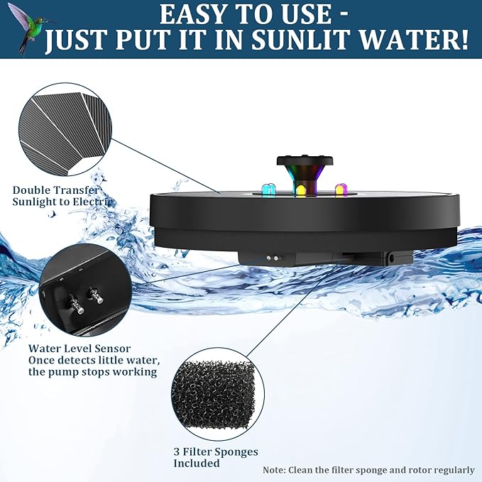 Solar Fountain New, 3.5W Solar Bird Bath Fountains with Glass Panel, 2200 Battery, Hummingbird Water Features with Color LED Lights, 8 Spray Modes & 4 Fixed Pipes for Garden, Pool, Pond
