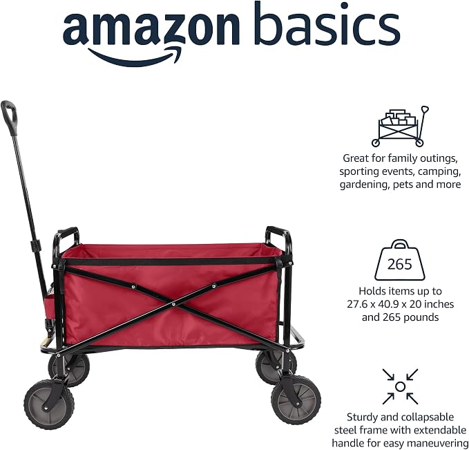 Amazon Basics Collapsible Heavy Duty Utility Wagon for Outdoor Sports, Camping, Garden, and Pets, Portable with Handle, 265 pounds Weight Capacity, 27.6 x 40.9 x 20 inches, Red - Image 2