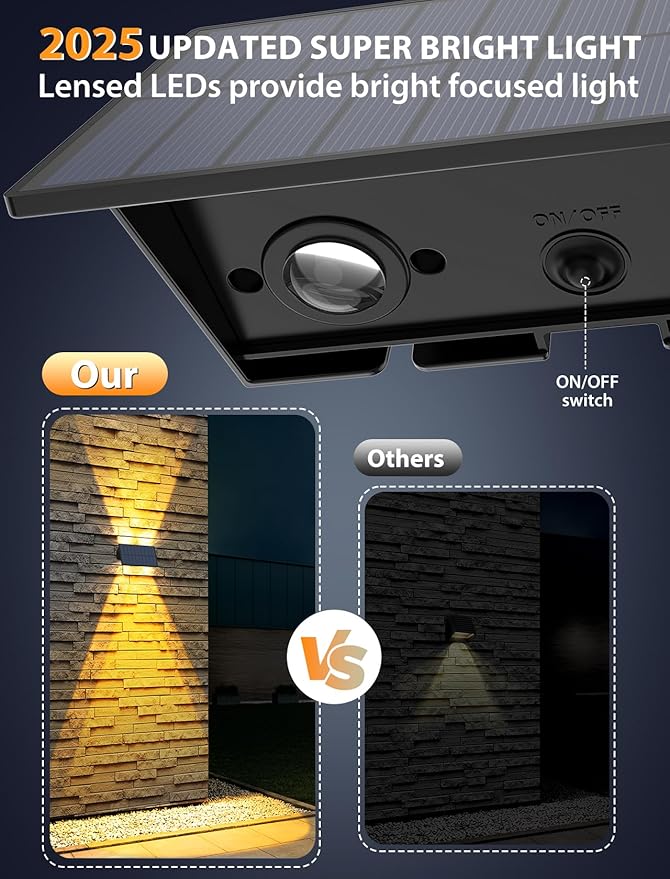 Solar Fence Lights,16Pack Solar Lights Outdoor Warm White Up & Down Solar Wall Lights Waterproof 100 Lumens Dusk to Dawn Solar Powered Fence Light for Outside /Backyard/Pool/Railing/Patio/Porch/Step