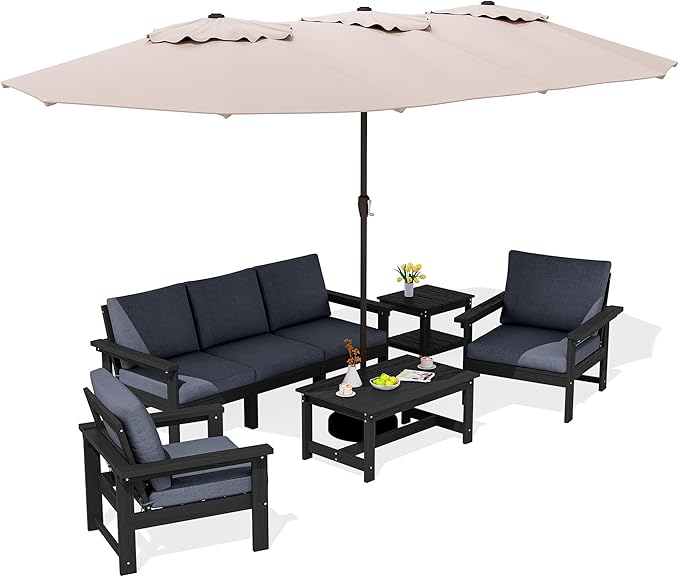 SERWALL HDPE Patio Furniture Set with 15FT Patio Umbrella, 7-piece Outdoor Sectional Sofa Set, All Weather Patio Couch Set for Deck, Black & Grey(Umbreall Base not Included)