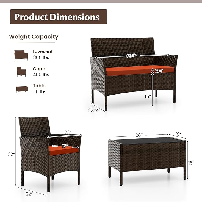 KOTEK 4 Piece Patio Furniture Set, Outdoor Rattan Conversation Set with Loveseat, Wicker Chairs, Tempered Glass Coffee Table, Wicker Patio Set for Backyard, Porch (Orange)