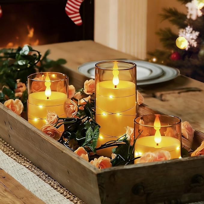 Homemory Flameless Candles with Embedded Star String Fairy Lights, Battery Operated Candles, LED Candle, Fake Candles with Remote Control and Timer, Gold, Set of 3(H 4" 5" 6”)