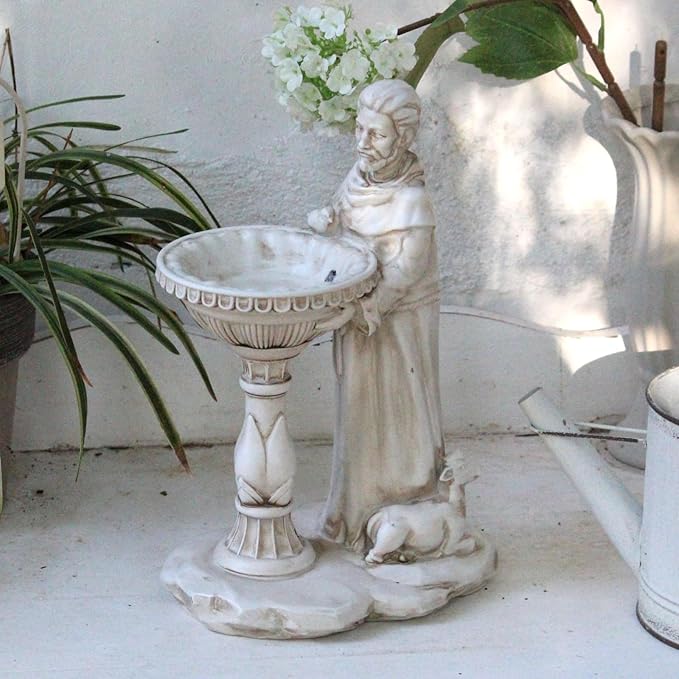 St Francis Garden Statue Outdoor Solar Garden Decor Resin Colorful Lights St Francis Statue with Bird Bath Feeder for Yard Patio Lawn Decoration Religious Gardening Gifts 4.5 * 6.5 * 10.5 in