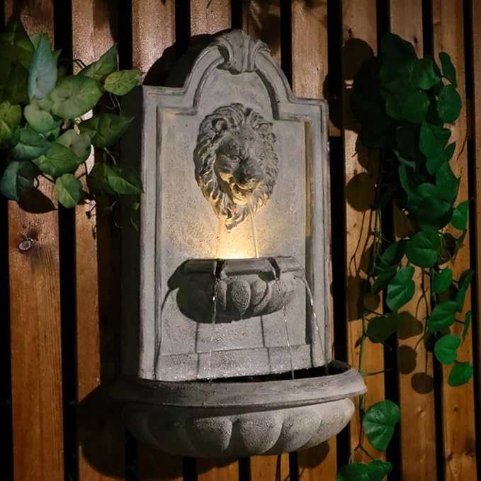 Lion Head Wall Hanging Fountain, 27.5" H Classic Outdoor Wall-Mounted Water Feature, Resin Antique Garden Wall Fountain with LED Light & Water Basin for Patio, Porch, Yard & Courtyard Décor